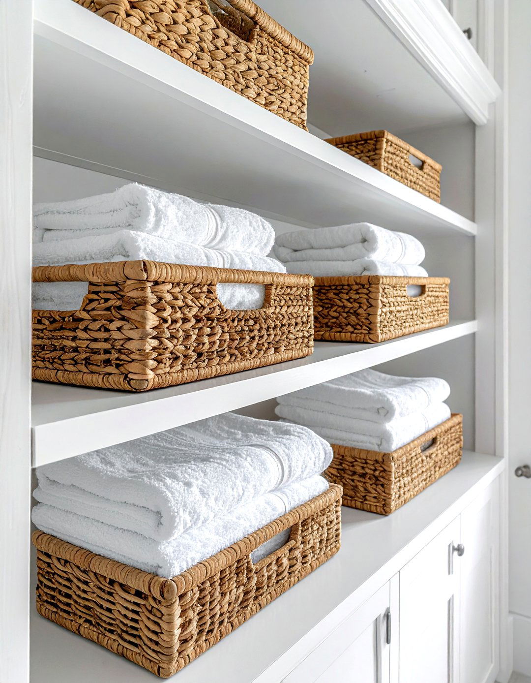 Woven basket storage - 30 Cape Cod bathroom ideas