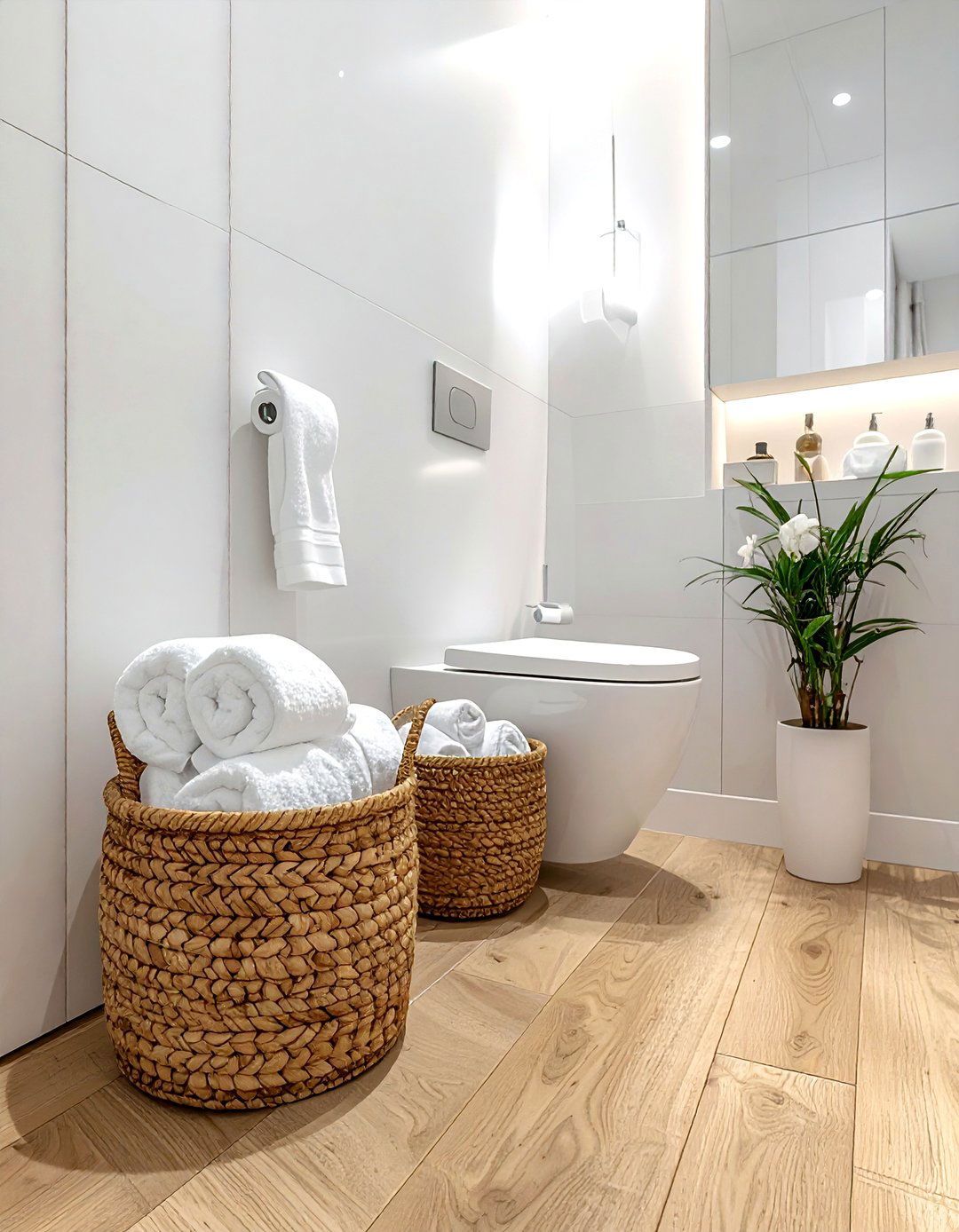 Woven basket towel storage - 30 water closet ideas