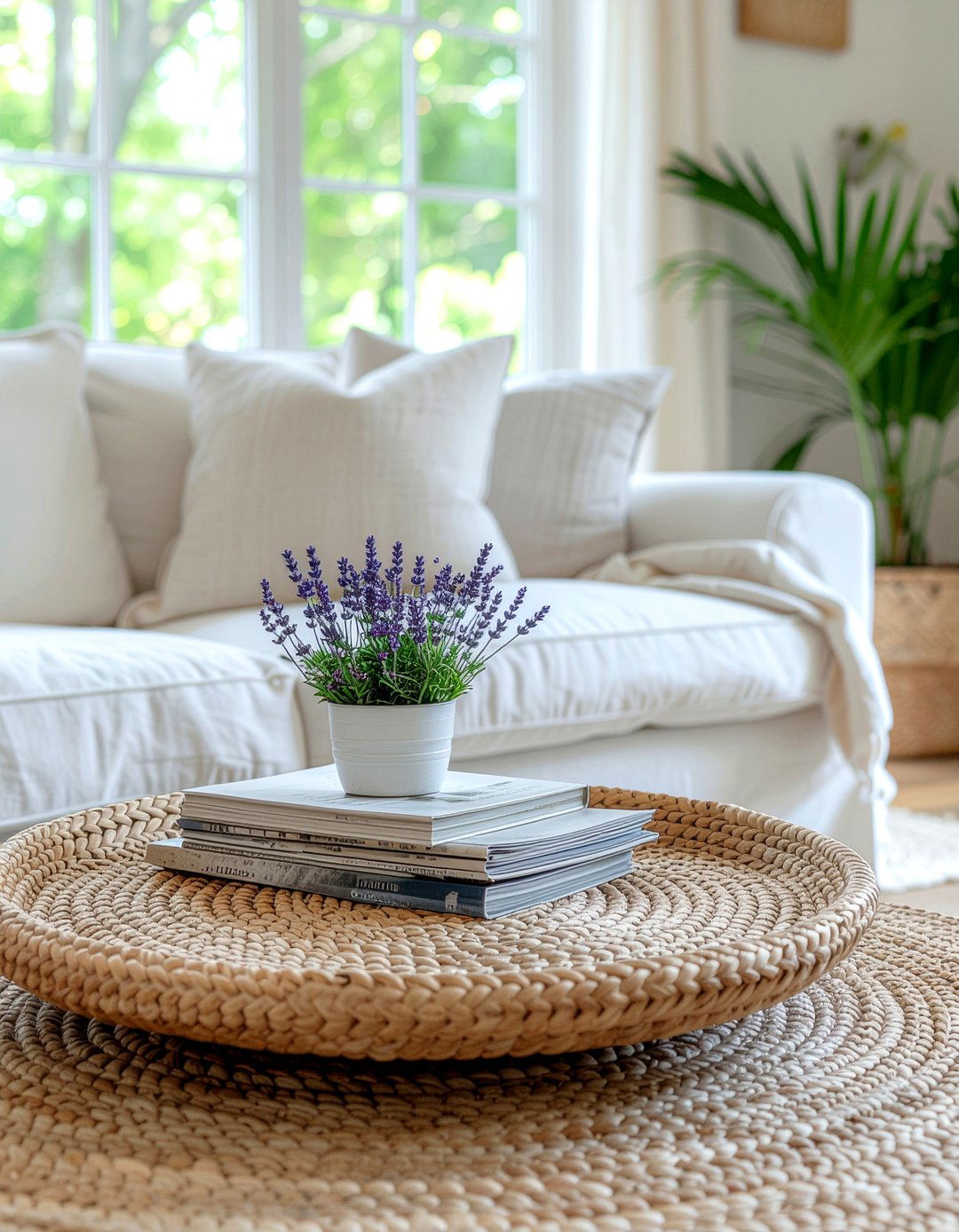 Woven basket tray on linen ottoman - 30 living room tray ottoman ideas