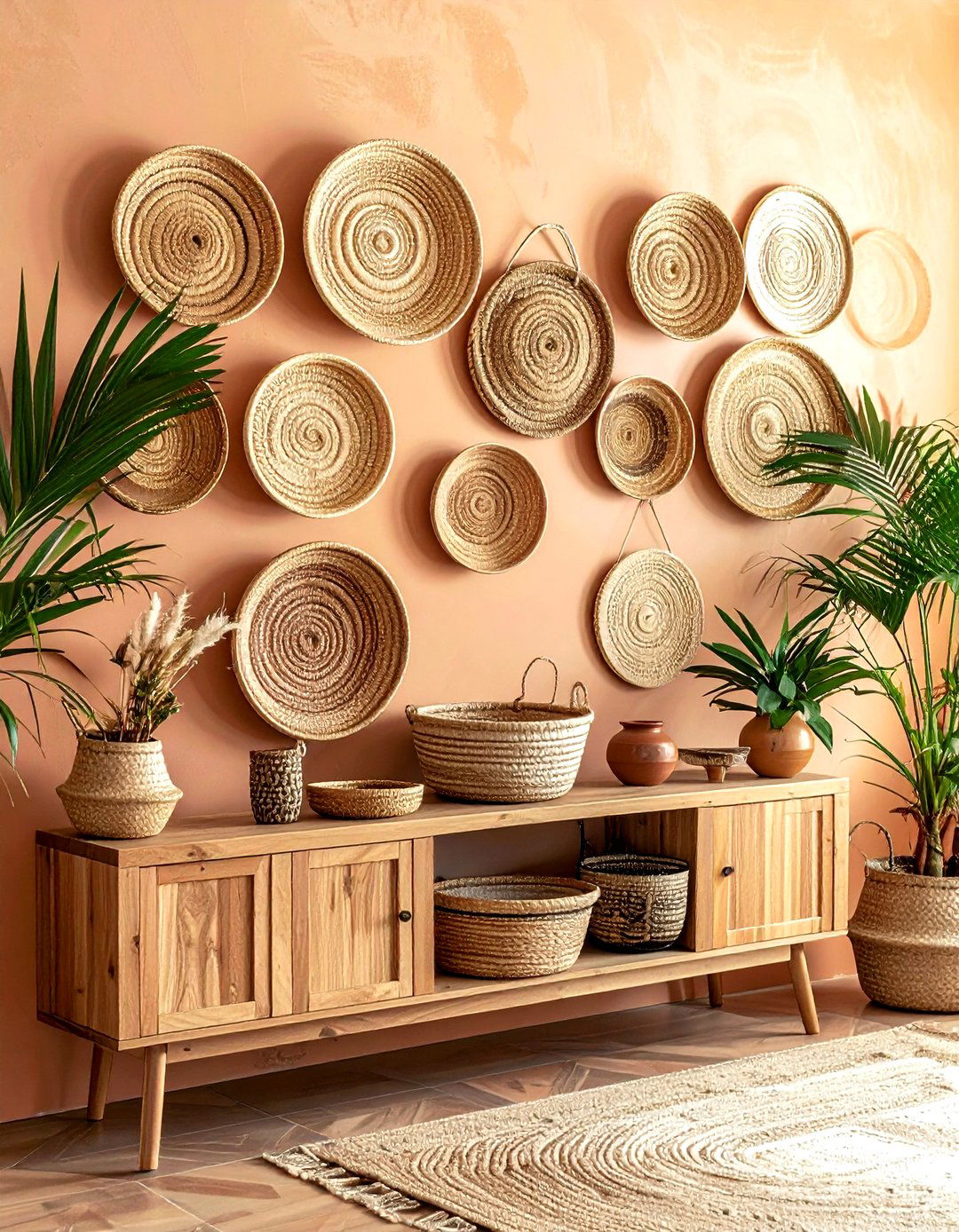 Woven basket wall - 30 living room wall storage ideas