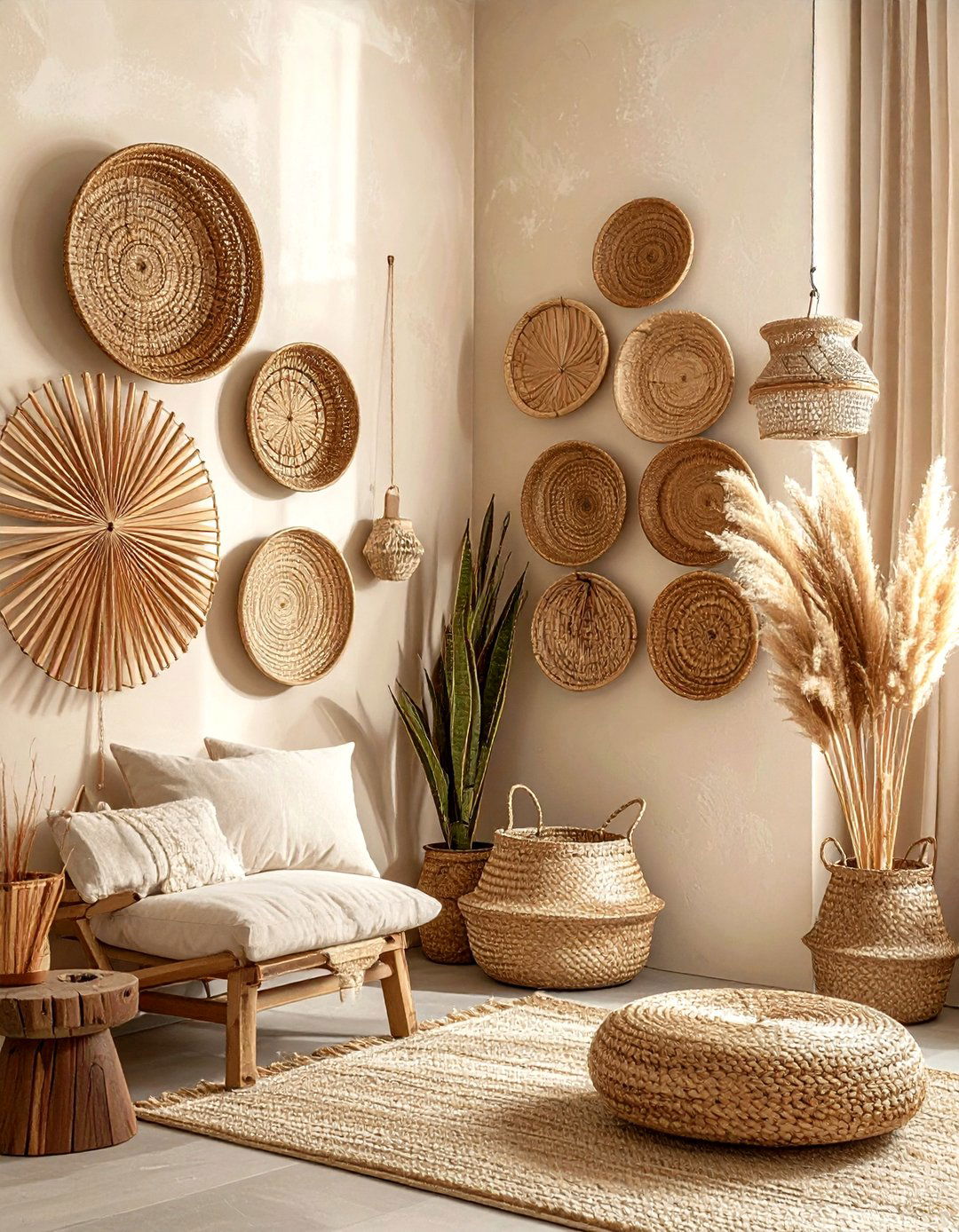 Woven basket wall decor - 30 bohemian beige living room ideas