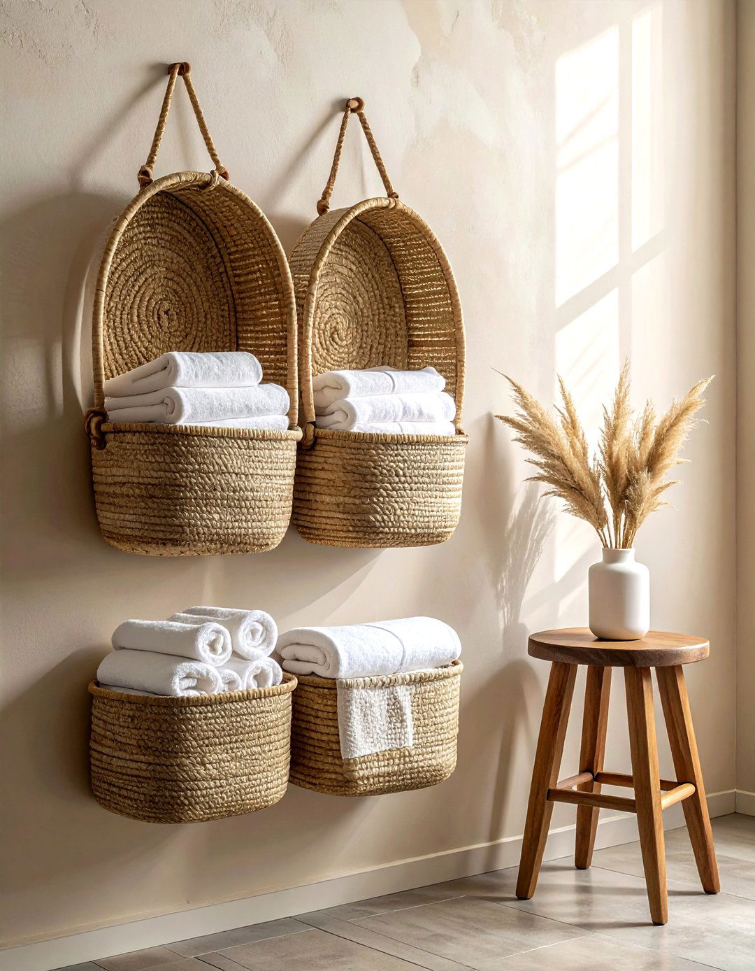 Woven basket wall storage - 30 bathroom wall shelving ideas
