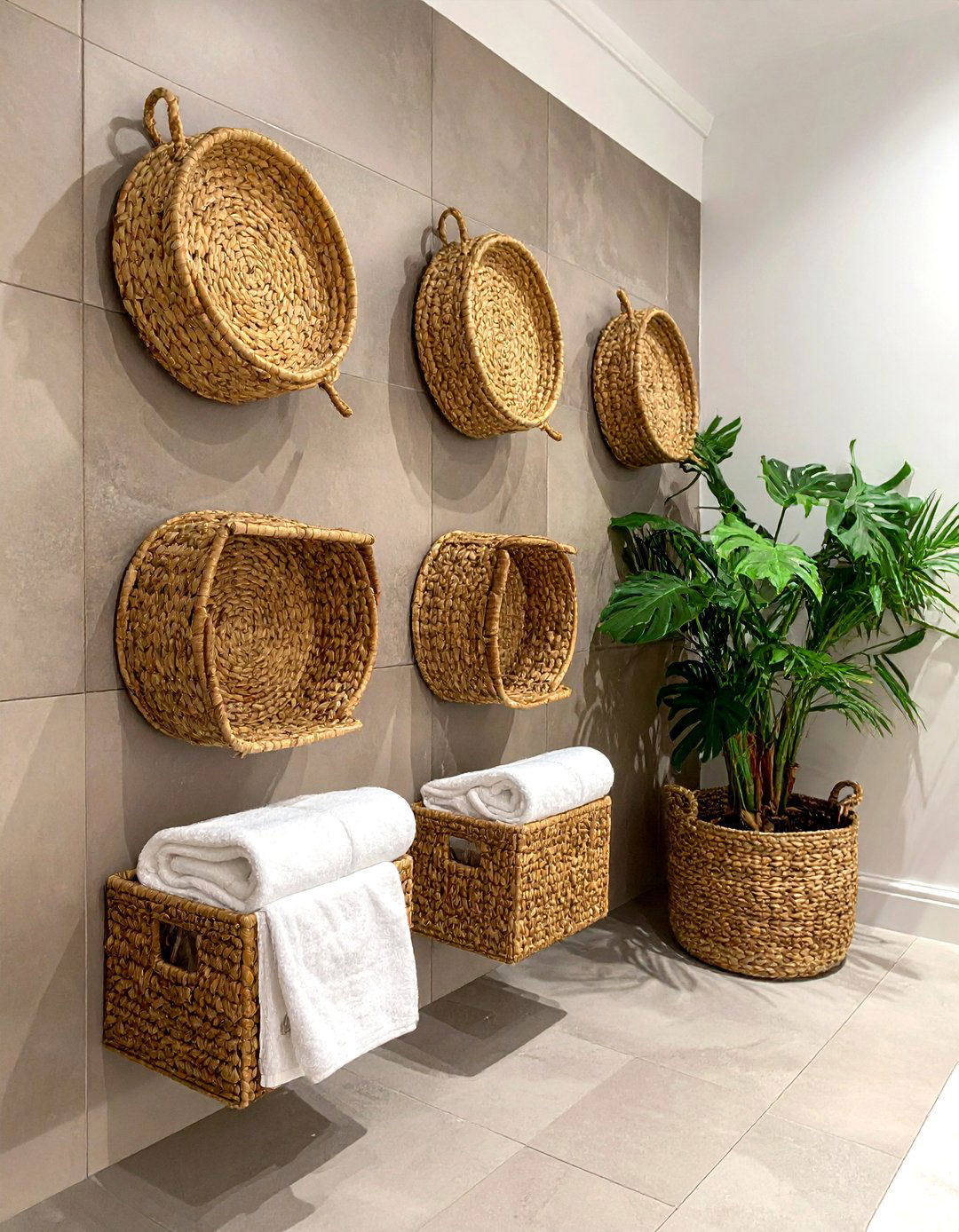 Woven basket wall storage - 30 bathroom weekend project ideas