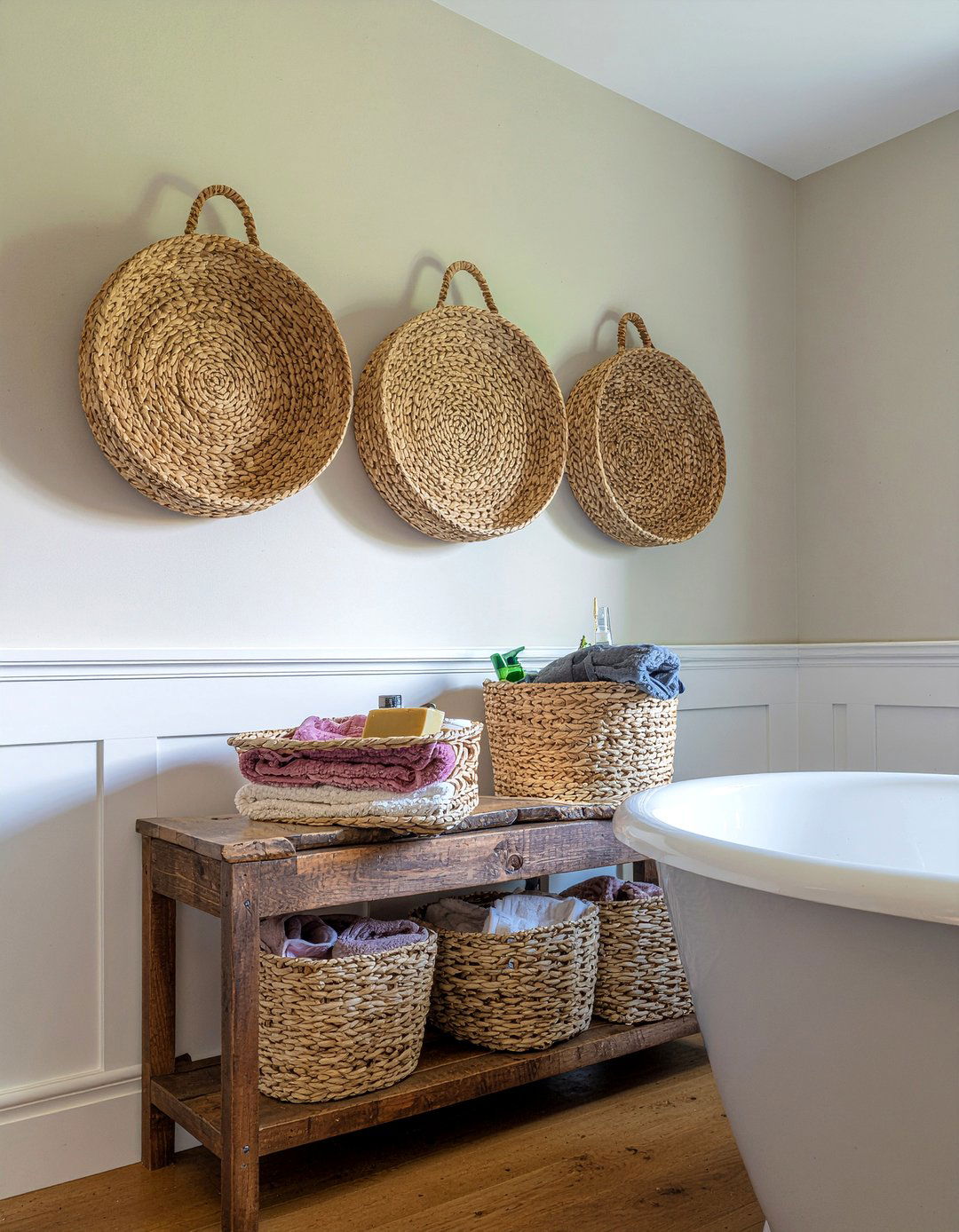 Woven basket wall storage - 30 bathroom shelving unit ideas