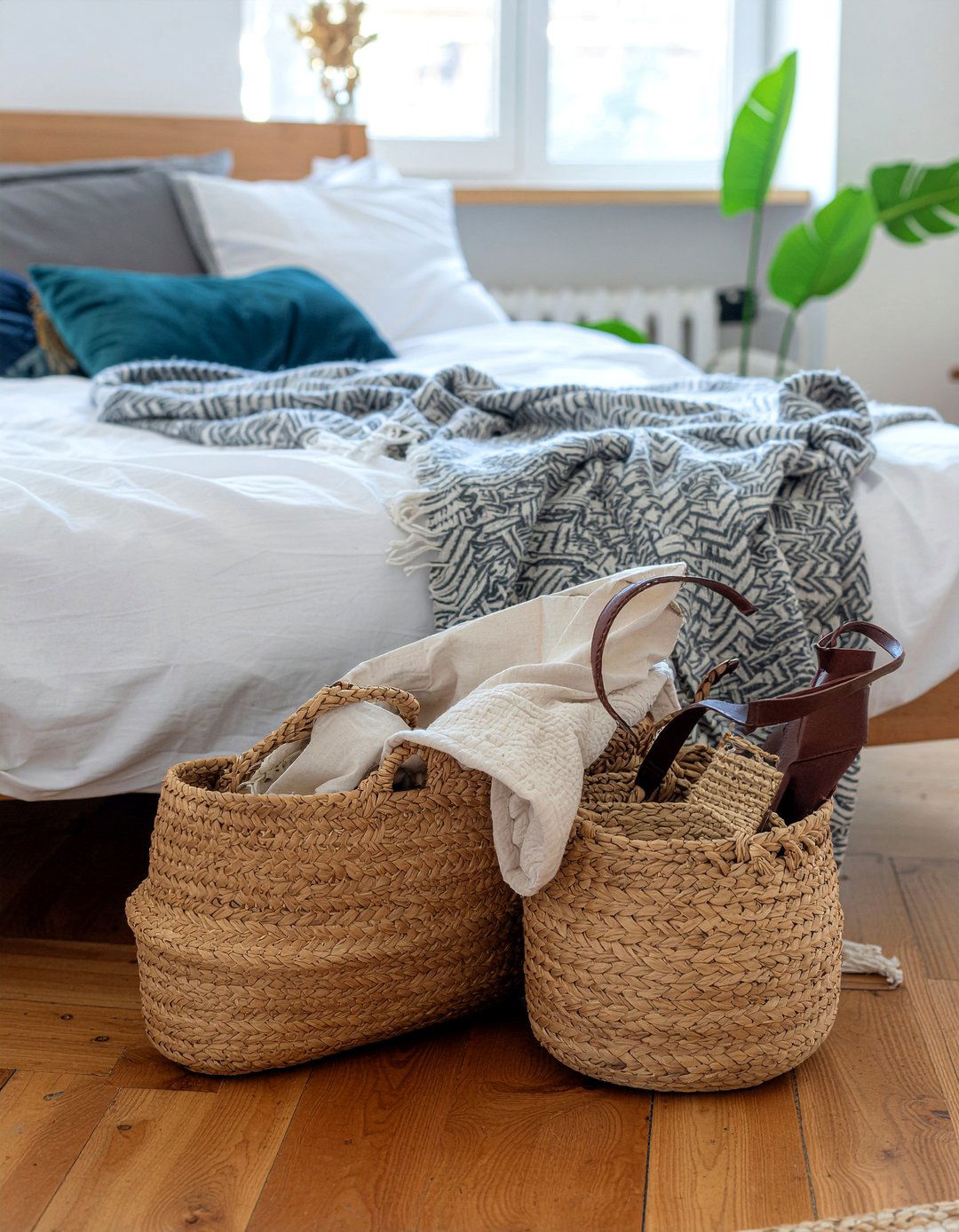 Woven baskets for handbags - 30 bedroom bag storage ideas