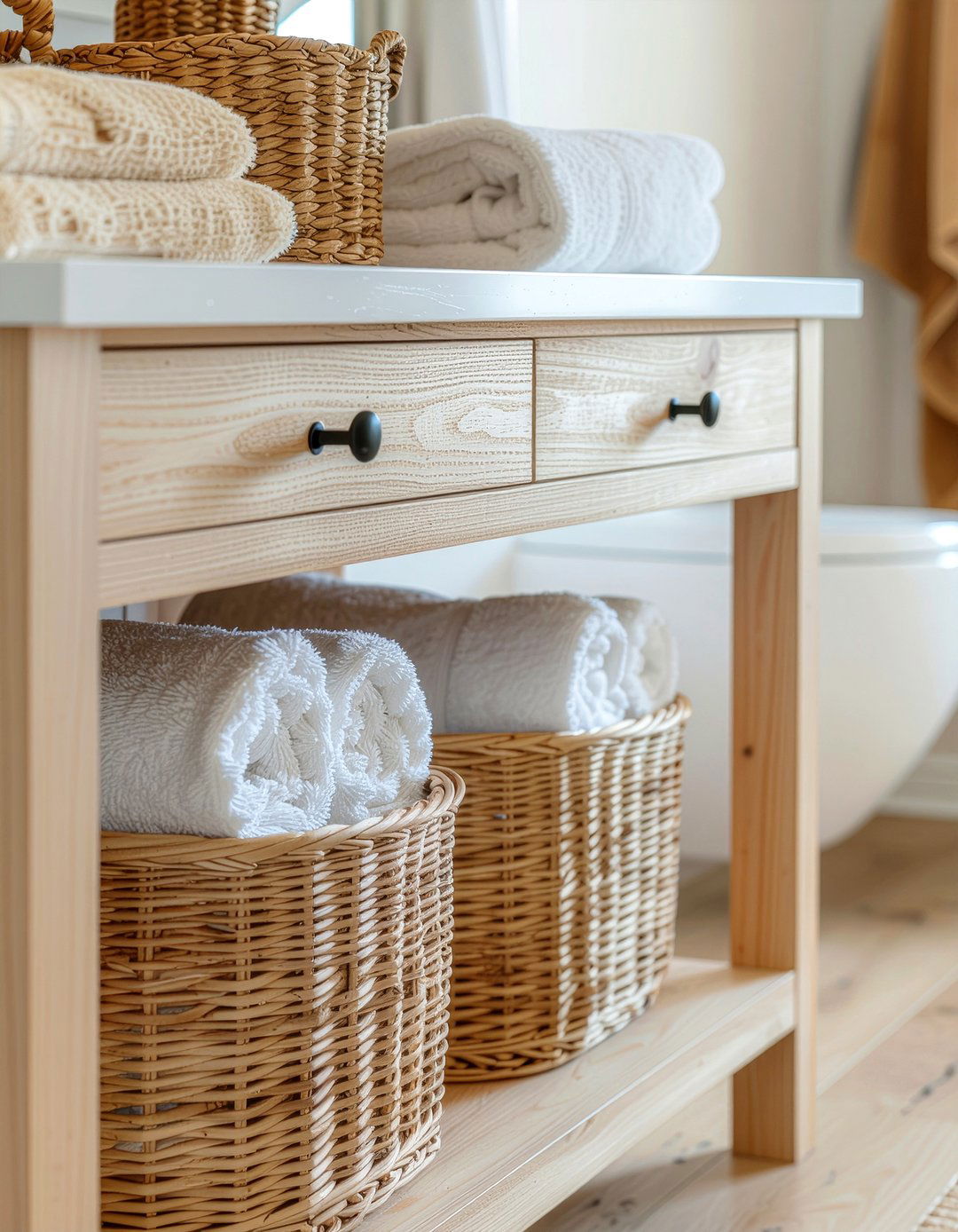Woven baskets under vanity - 30 bathroom layering ideas