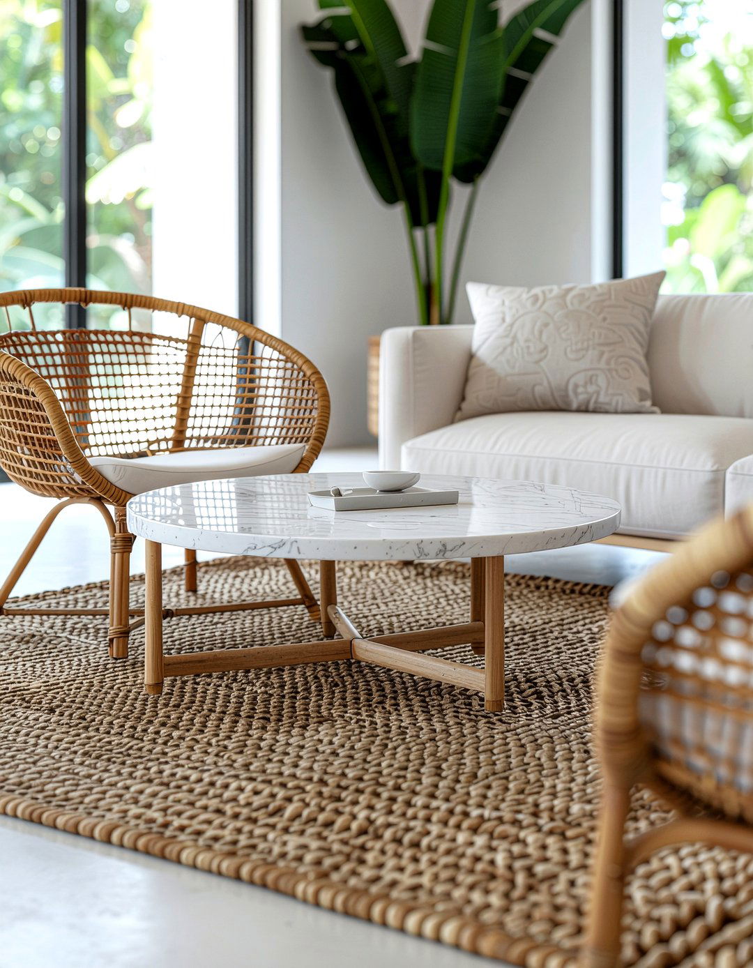 Woven cane and marble living room - 30 mixed material living room ideas