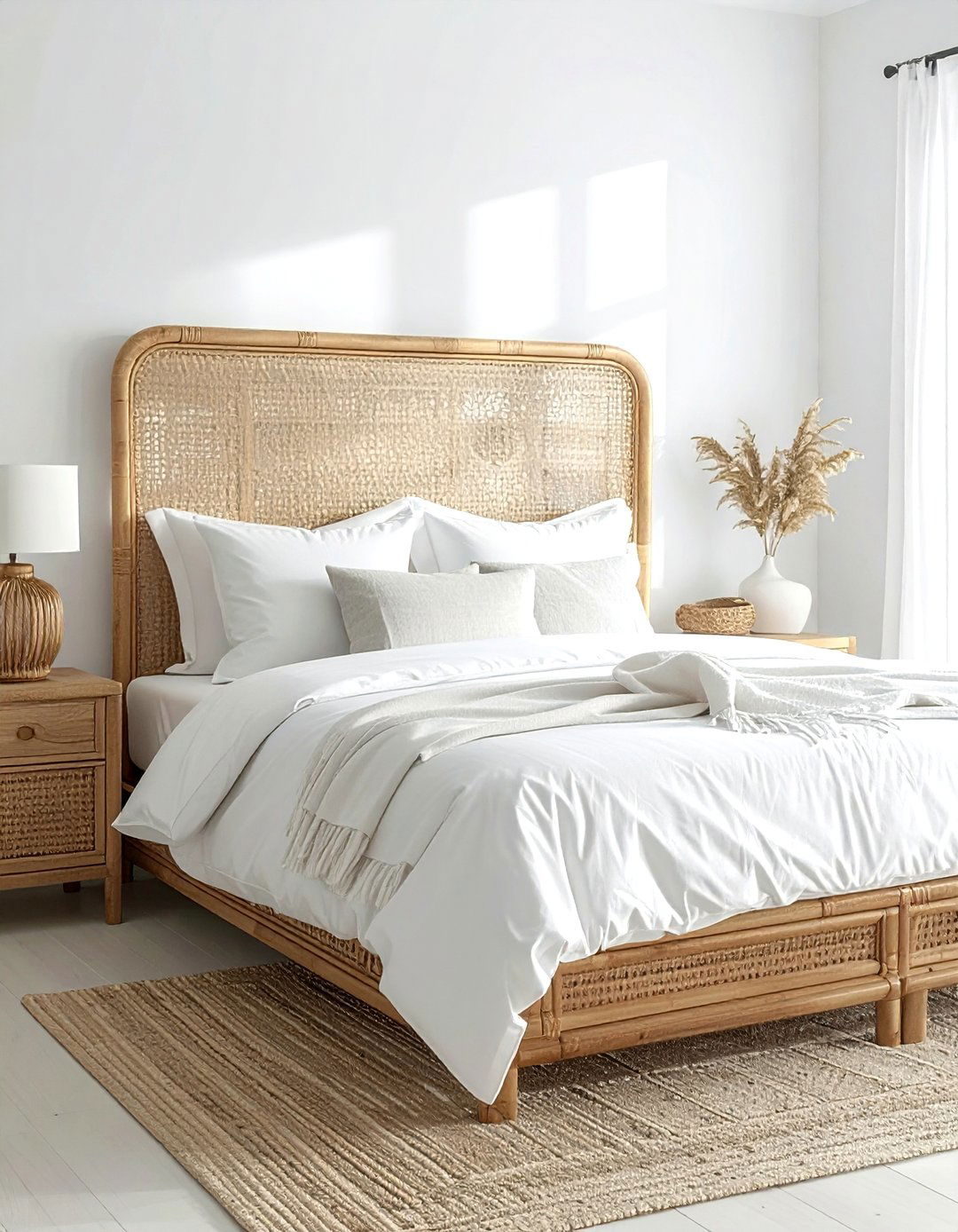 Woven cane headboard queen - 30 beige bedroom furniture ideas