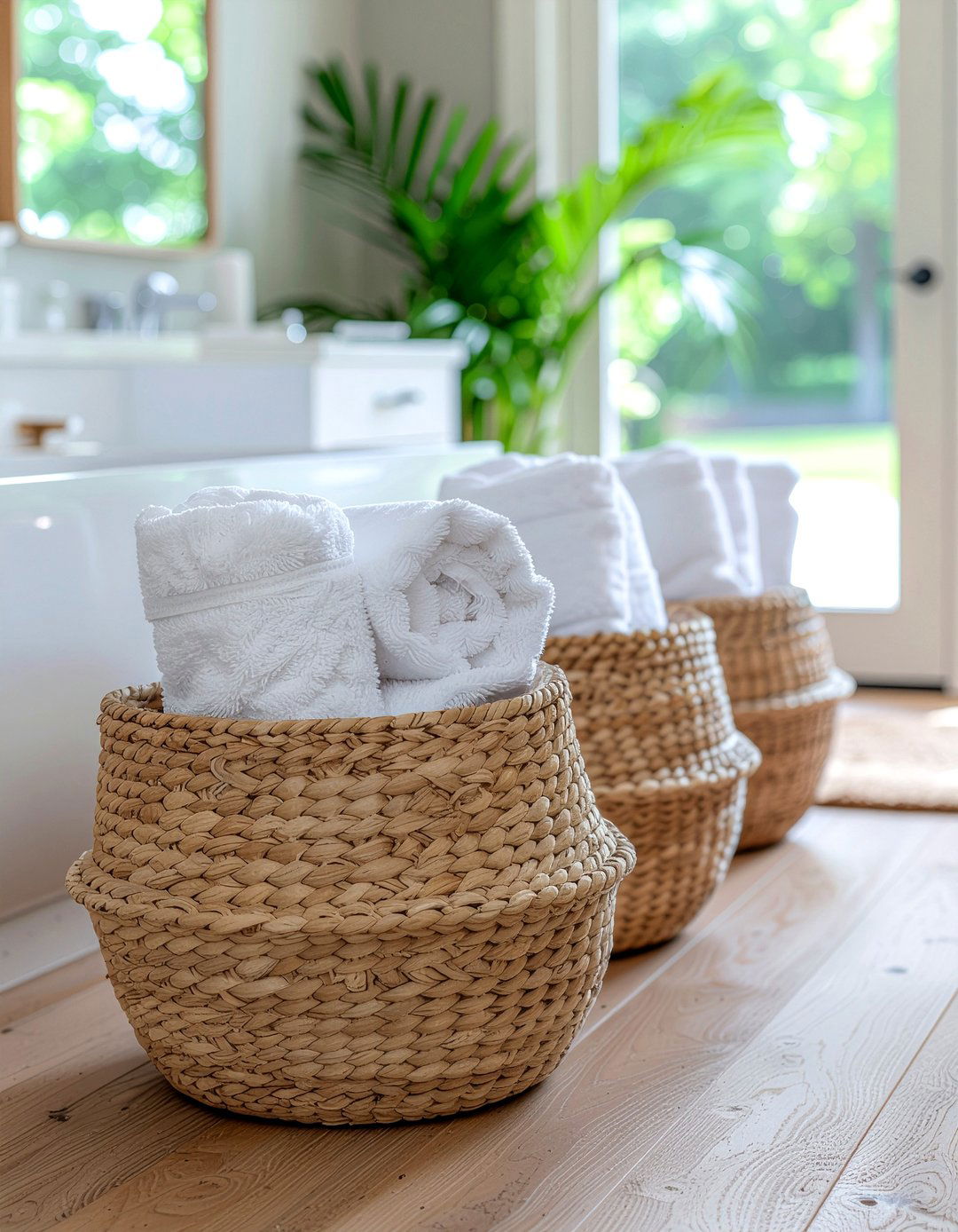 Woven floor baskets - 30 bathroom clutter-free ideas