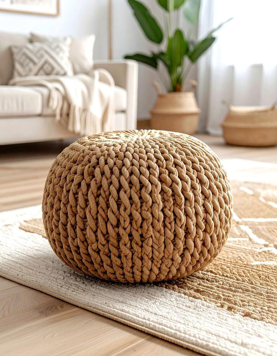Woven floor pouf - 30 living room guest seating ideas