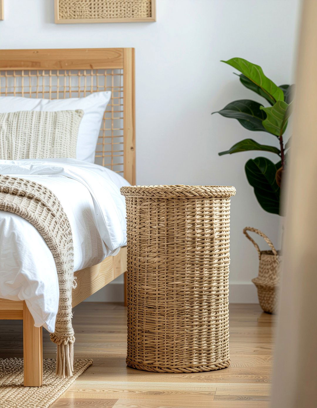 Woven laundry basket - 30 better sleep bedroom ideas