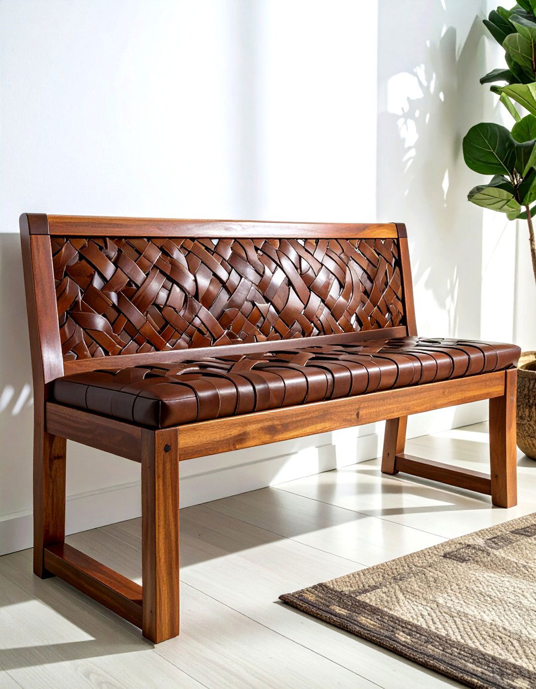 Woven leather bench - 30 living room bench seat ideas