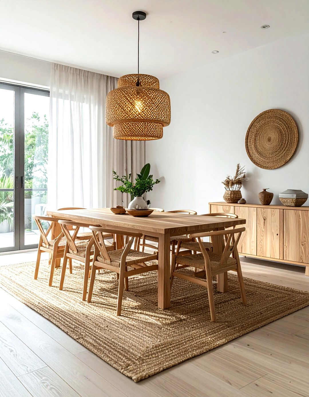 Woven pendant light dining room - 30 nature-inspired dining room ideas