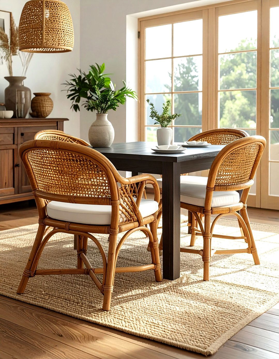 Woven rattan chairs - 30 French farmhouse dining room ideas
