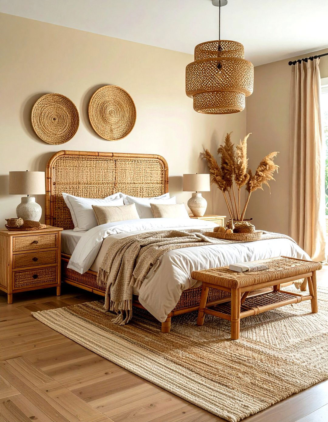 Woven rattan farmhouse bedroom - 30 farmhouse beige bedroom ideas