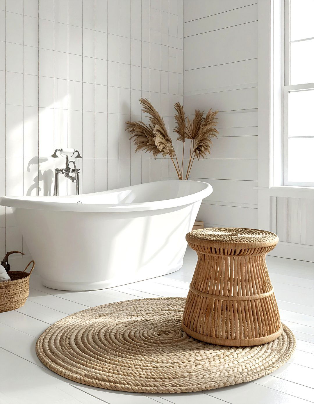 Woven rattan stool - 30 bathroom seating arrangements ideas