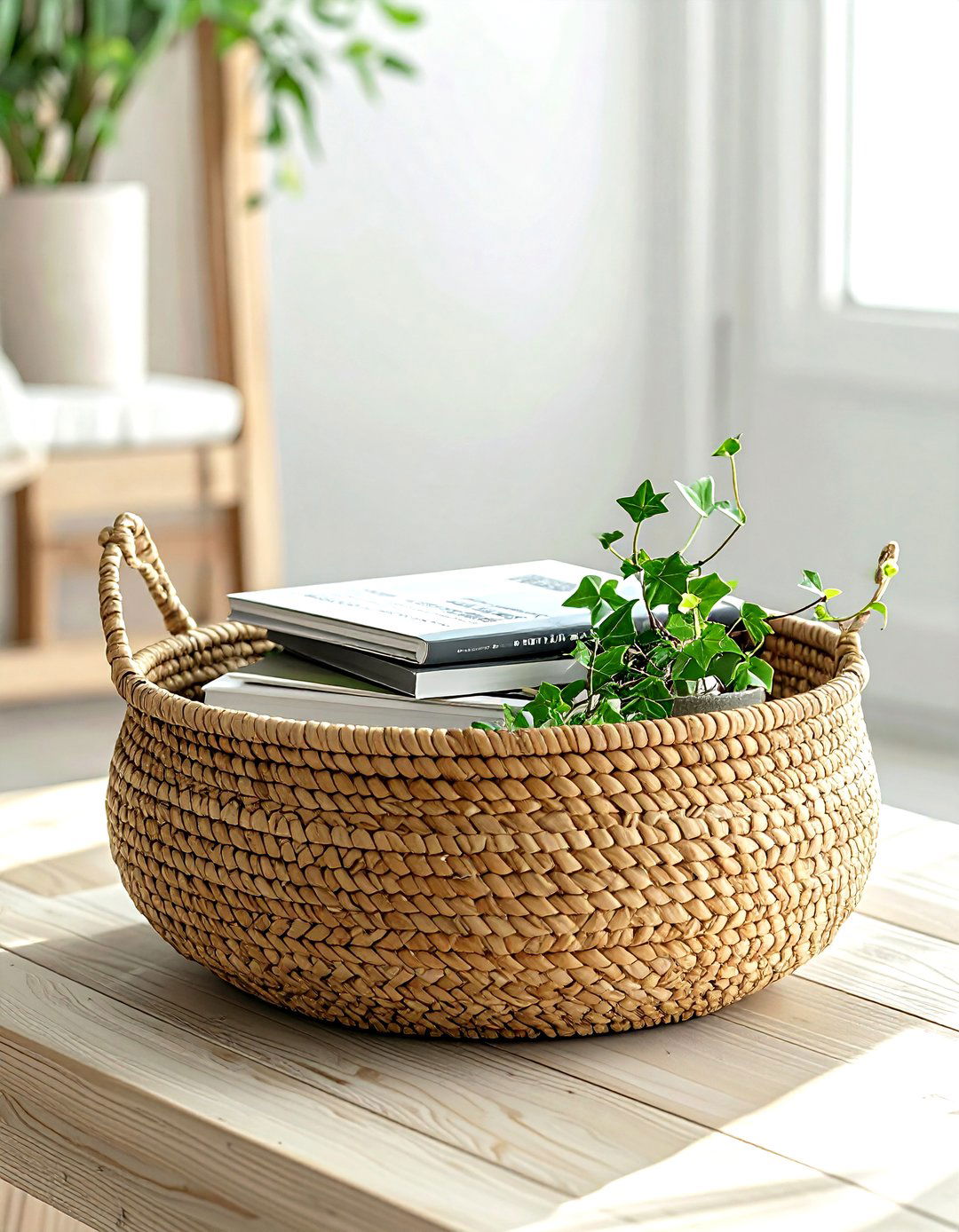 Woven seagrass basket - 30 living room centerpiece ideas