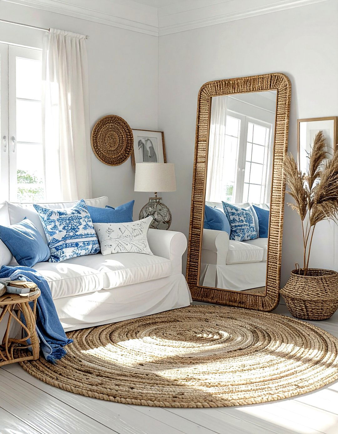 Woven seagrass floor mirror - 30 leaning mirror ideas