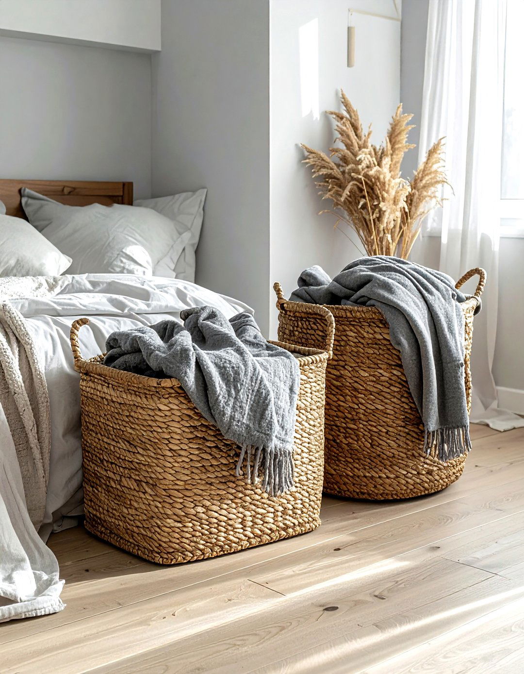 Woven seagrass storage baskets - 30 scandinavian grey bedroom ideas