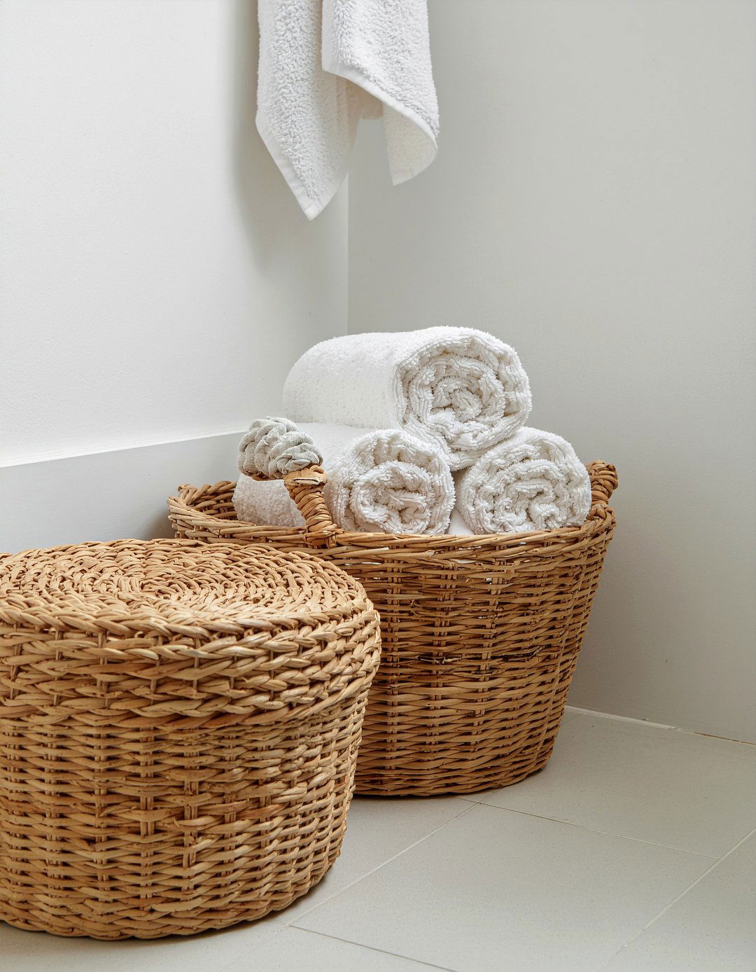 Woven storage baskets - 30 bathroom countertop styling ideas