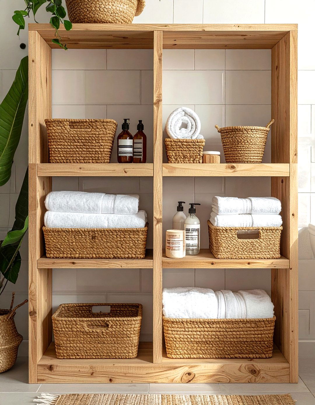 Woven storage baskets - 30 calming bathroom ideas