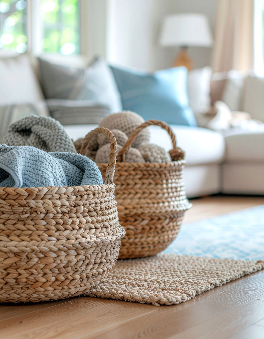 Woven storage baskets for toys - 30 kid friendly living room ideas