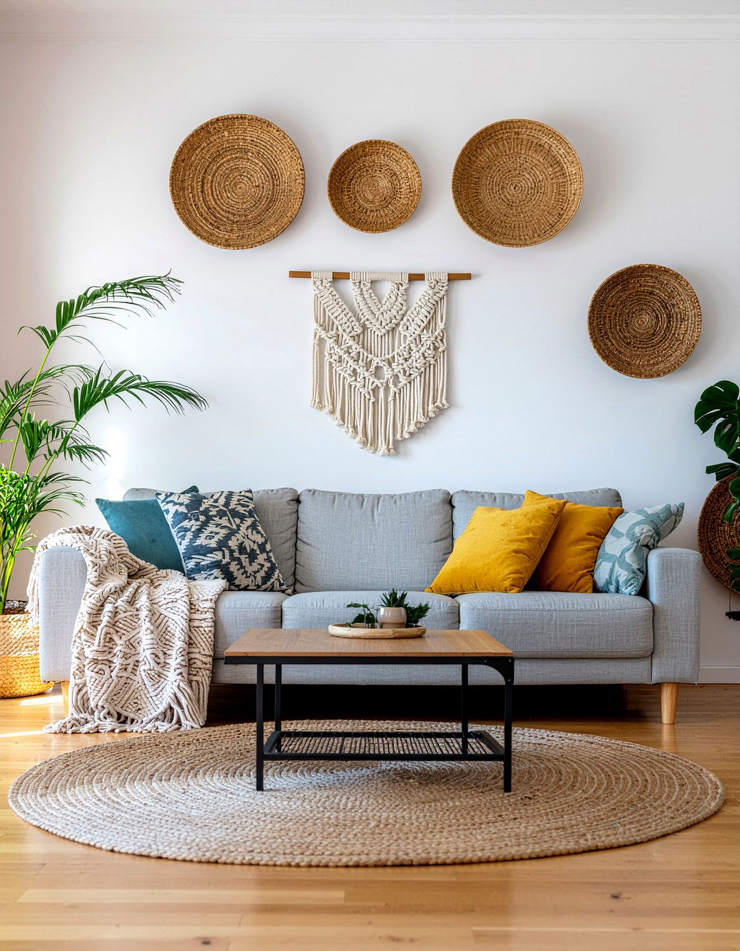 Woven wall art living room - 30 earthy living room ideas