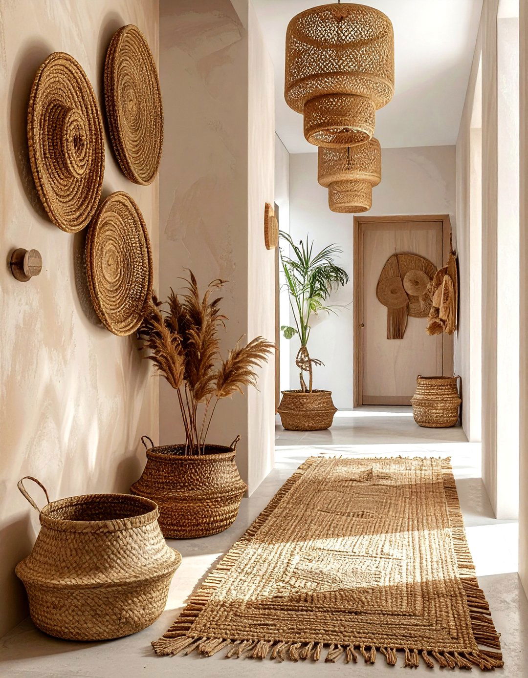 Woven wall baskets - 30 hallway wall decor ideas