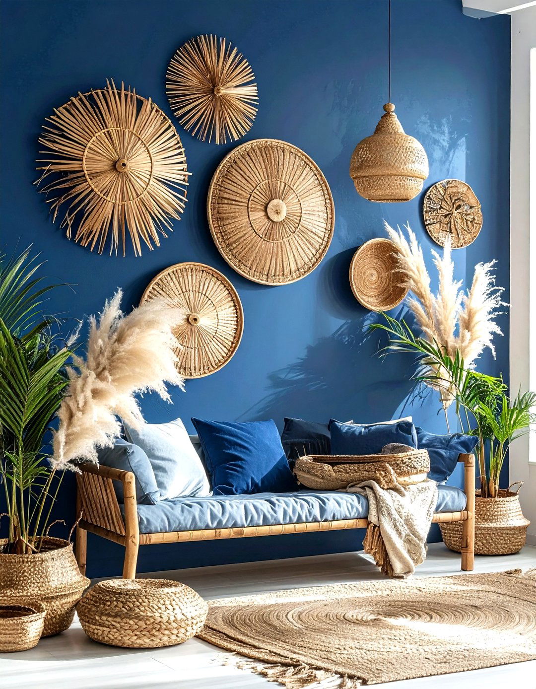 Woven wall decor - 30 coastal navy living room ideas
