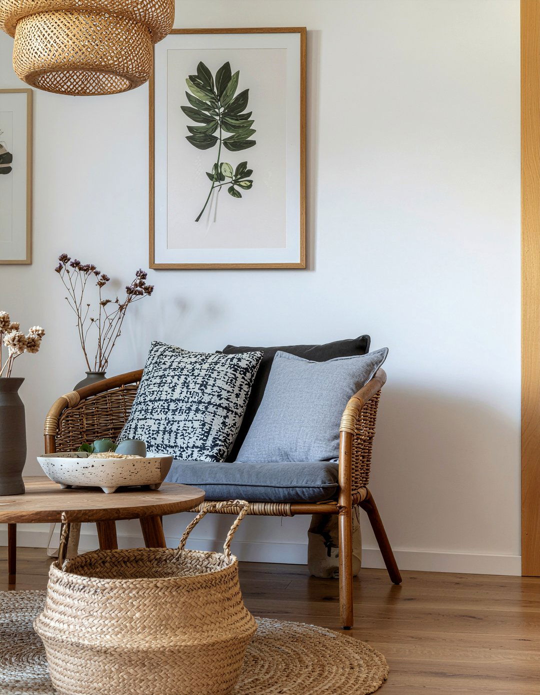 Woven wicker baskets living room - 30 cottage core living room ideas