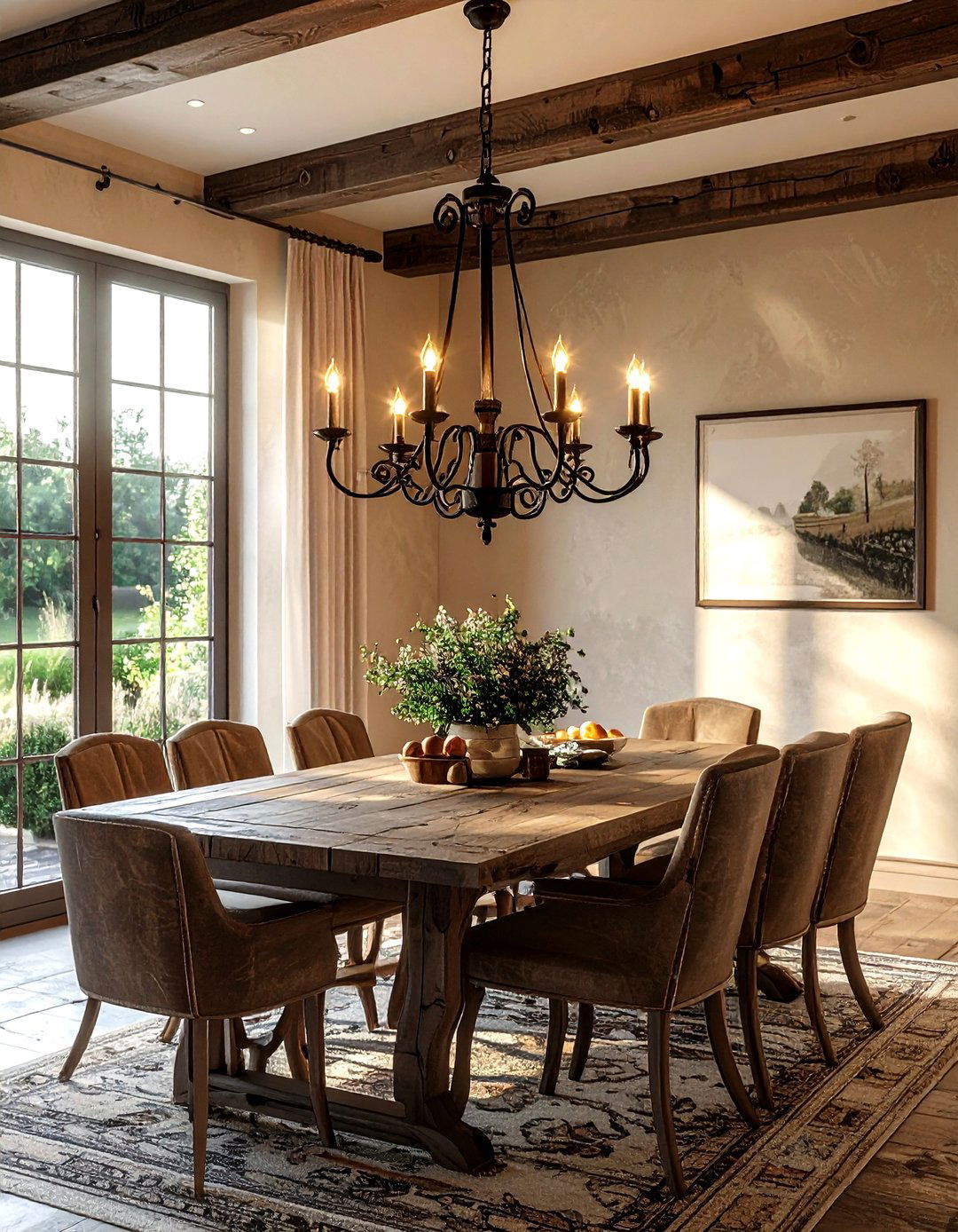 Wrought iron chandelier - 30 French farmhouse dining room ideas