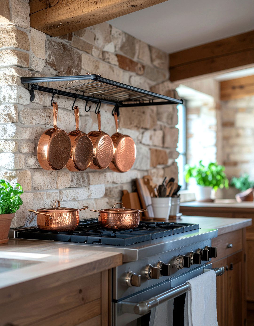 Wrought iron pot rack - 30 mountain kitchen ideas