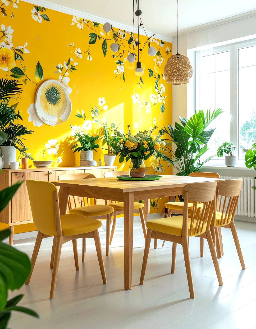 Yellow Floral Dining Room - 30 bright yellow dining room ideas