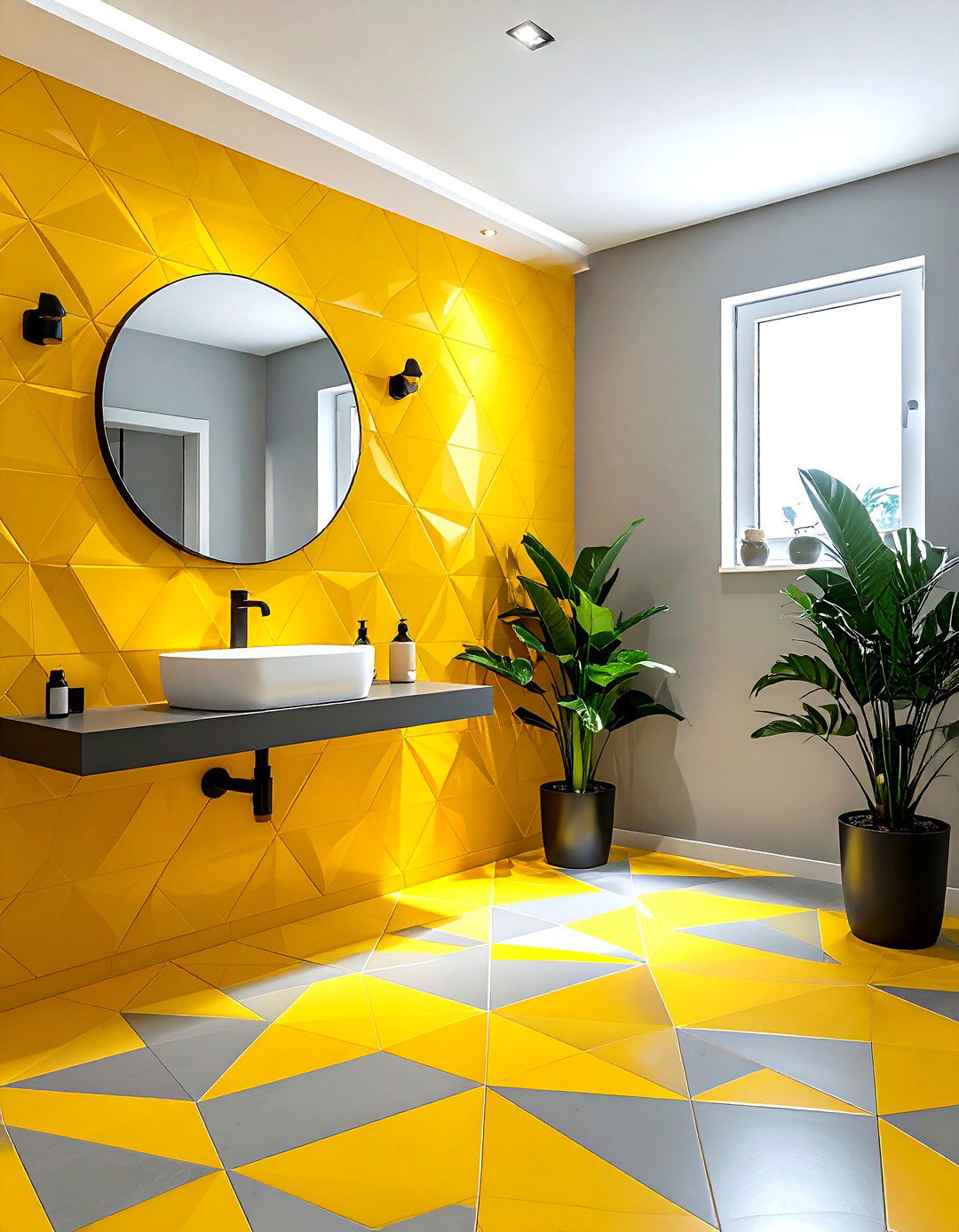 Yellow Geometric Tile Bathroom - 30 gray and yellow bathroom ideas