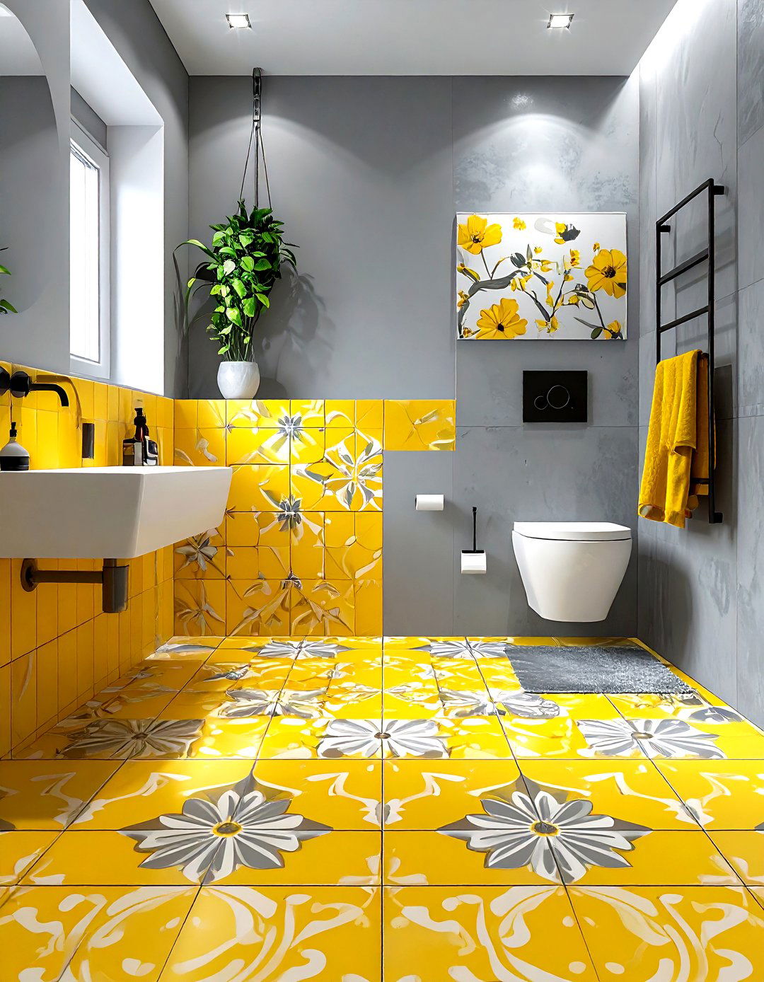 Yellow Patterned Floor Bathroom - 30 gray and yellow bathroom ideas