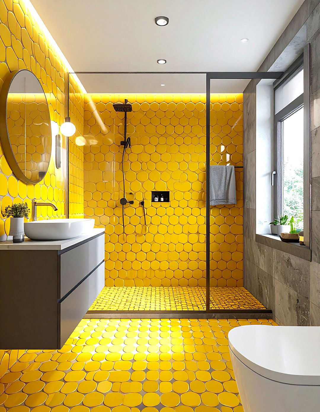 Yellow Penny Tile Bathroom - 30 gray and yellow bathroom ideas