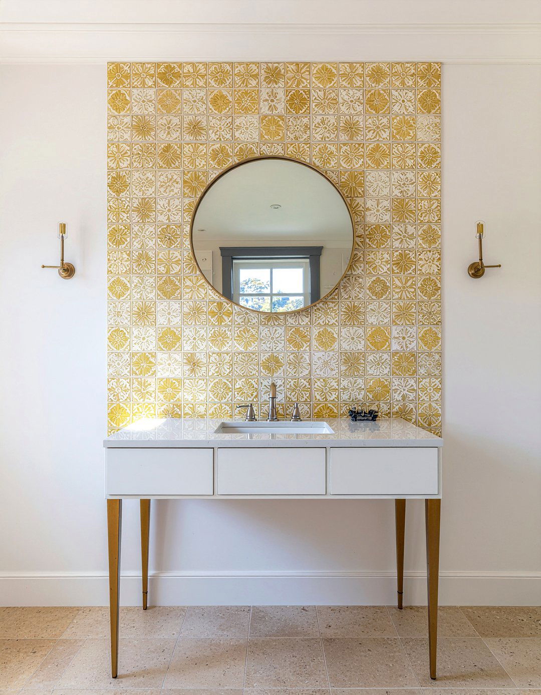 Yellow Portuguese tile accents - 30 Portuguese tile bathroom ideas