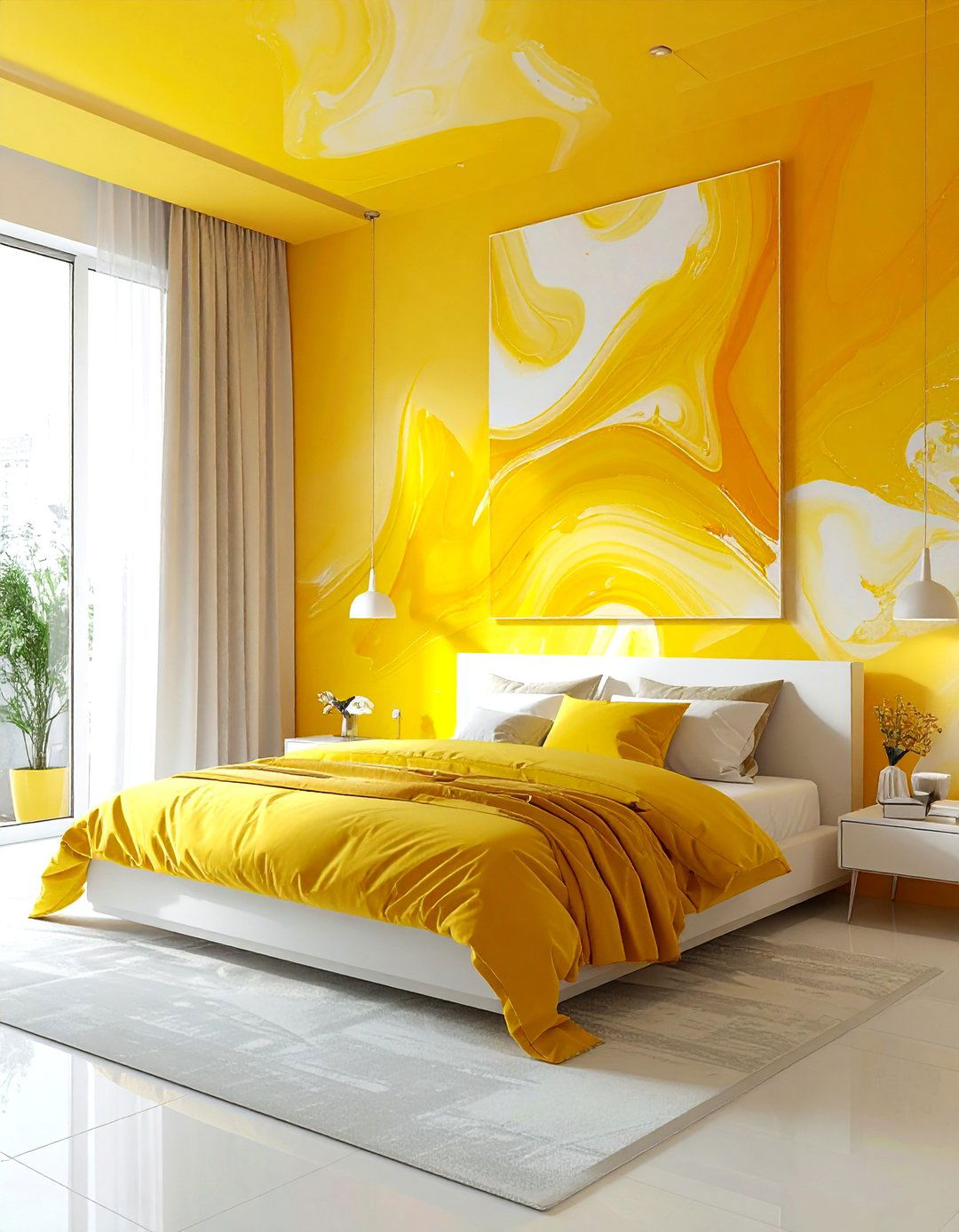 Yellow abstract bedroom - 30 yellow and white bedroom ideas