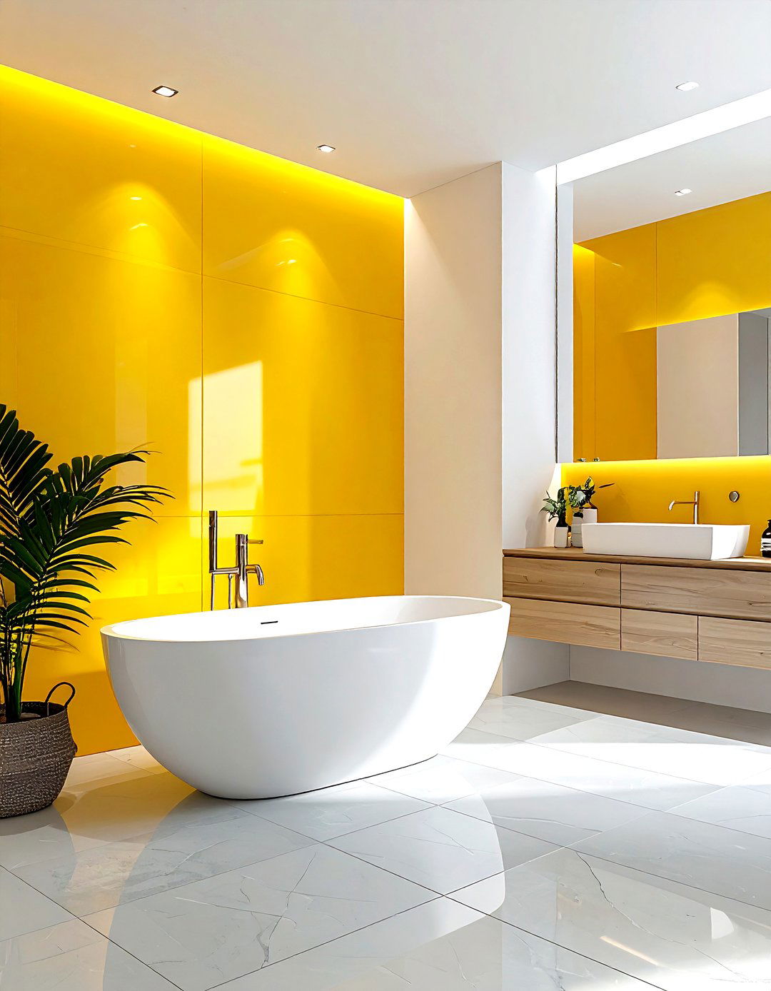 Yellow accent wall bathroom - 30 yellow and white bathroom ideas