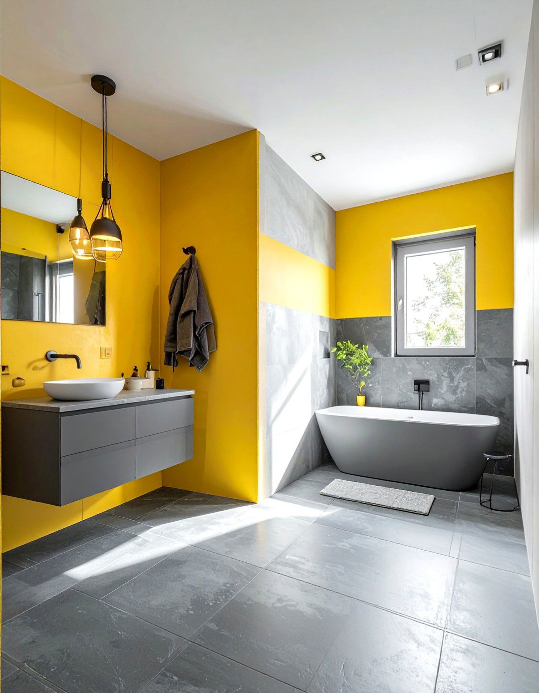 Yellow and gray contemporary bathroom - 30 bright yellow bathroom ideas
