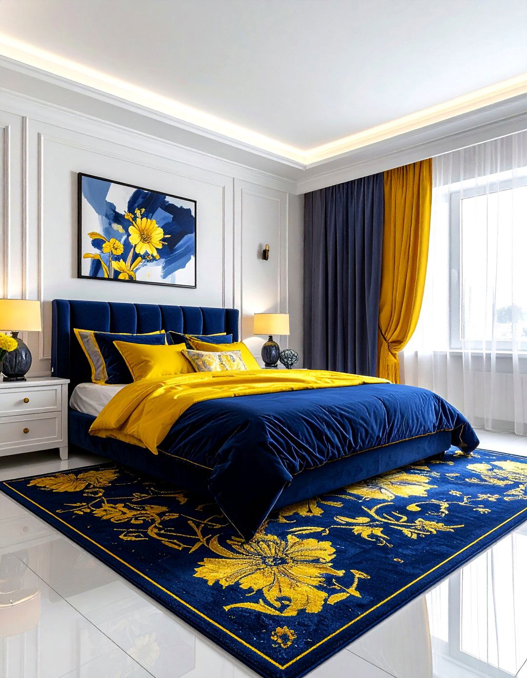 Yellow and navy blue bedroom - 30 yellow bedroom decor ideas