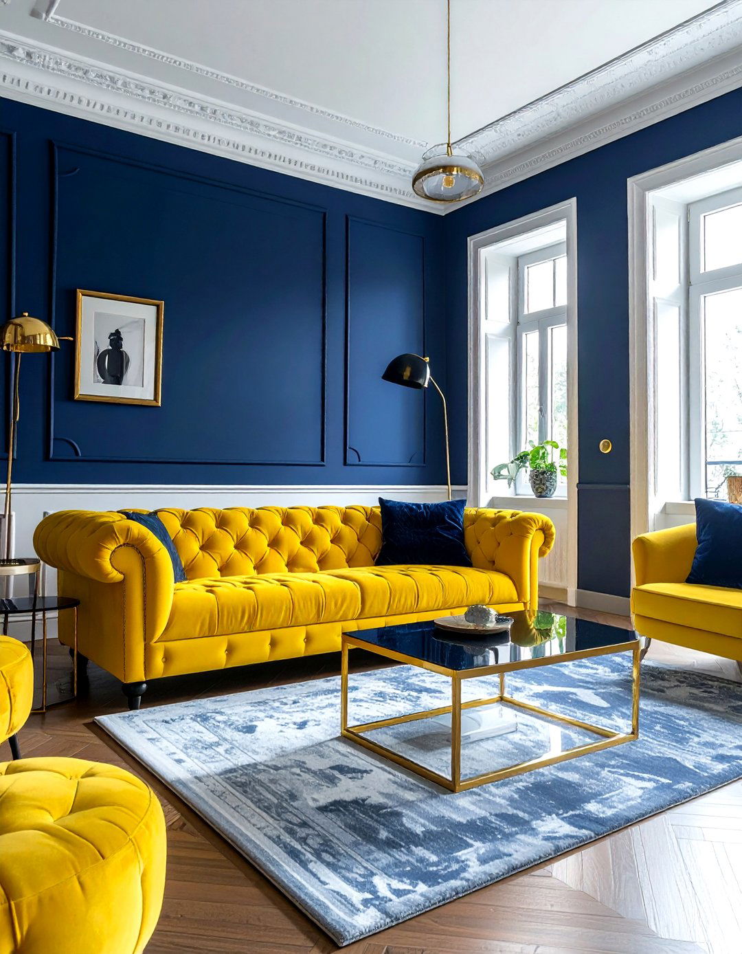 Yellow and navy blue living room - 30 bright yellow living room ideas