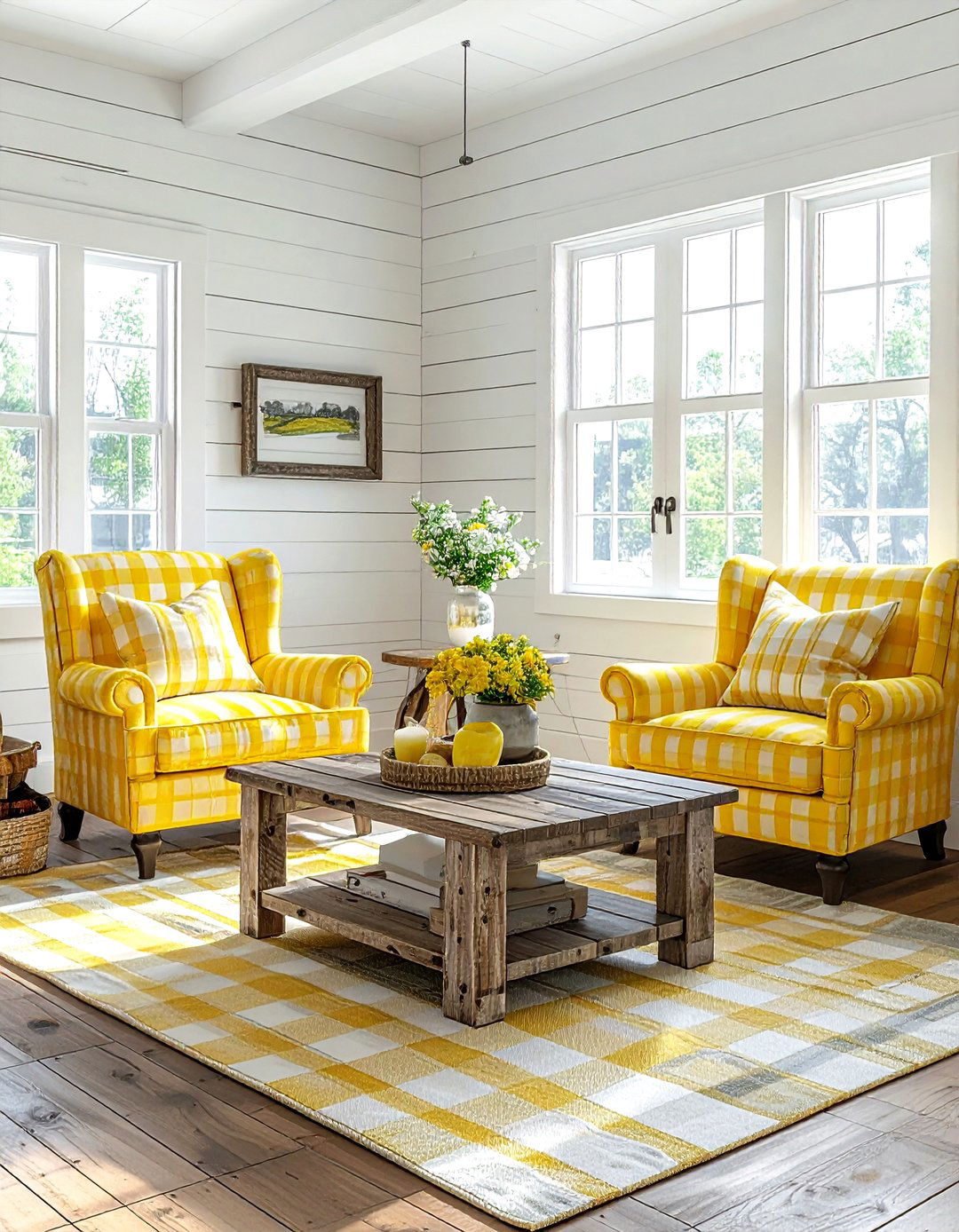 Yellow and white farmhouse living room - 30 bright yellow living room ideas