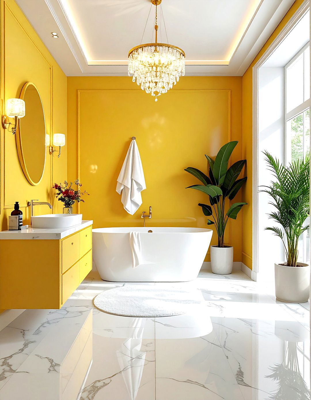 Yellow and white marble bathroom - 30 bright yellow bathroom ideas