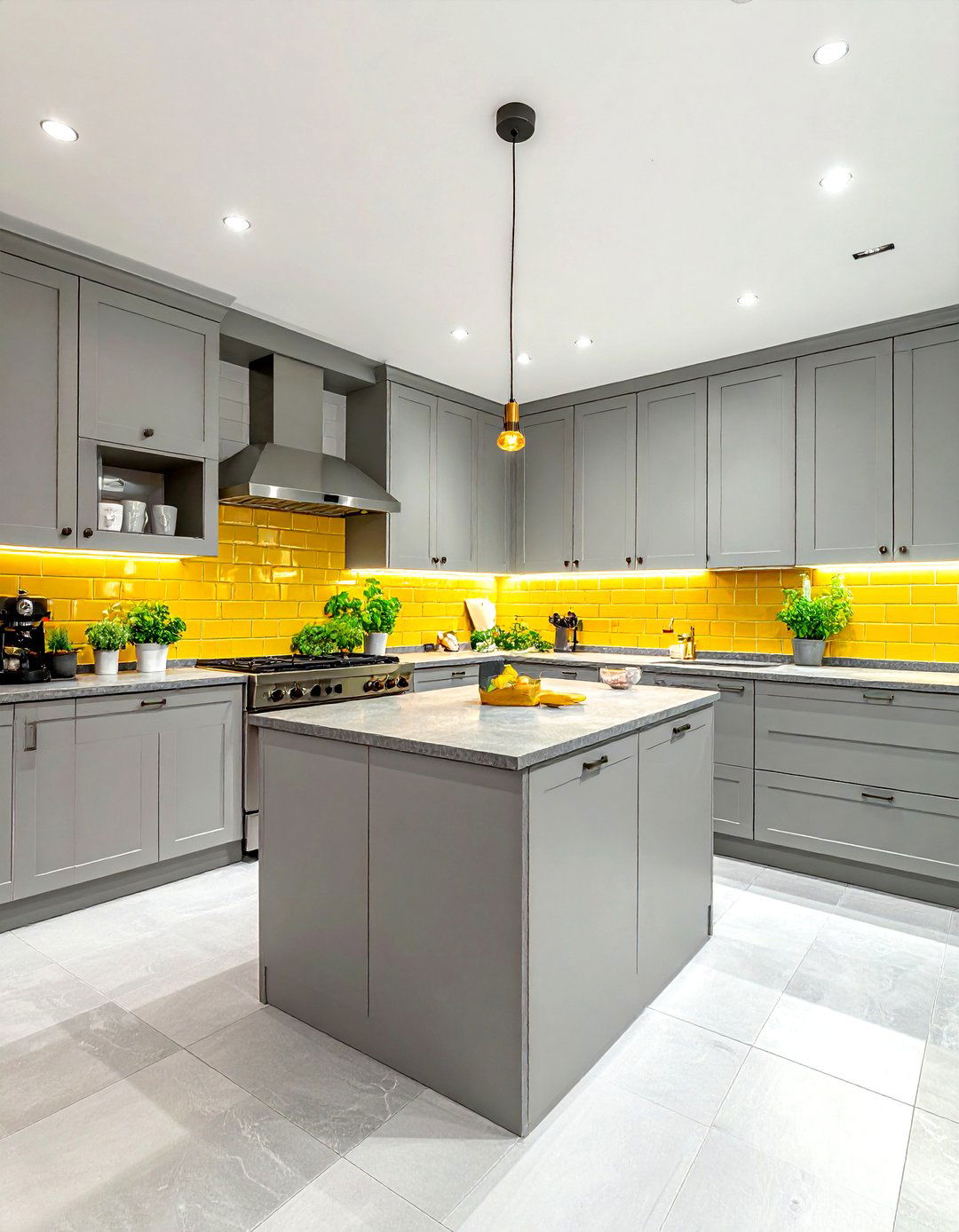 Yellow backsplash with gray countertops - 30 gray and yellow kitchen ideas