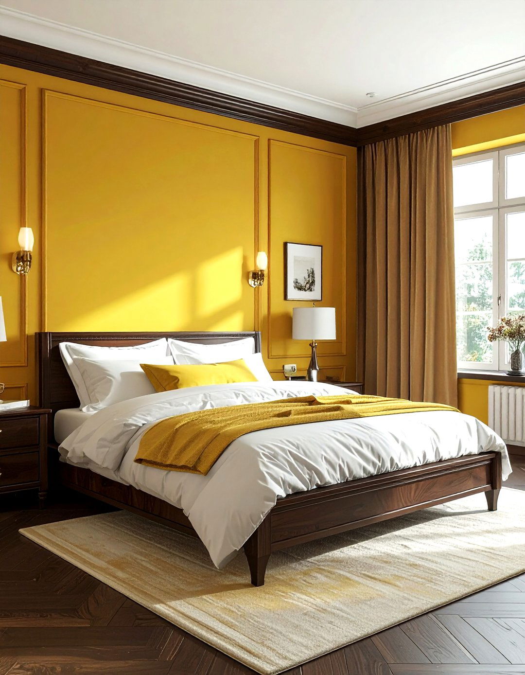 Yellow bedroom with dark wood - 30 yellow and white bedroom ideas