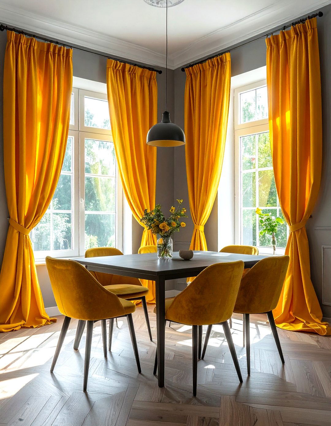 Yellow curtains gray dining room - 30 gray and yellow dining room ideas