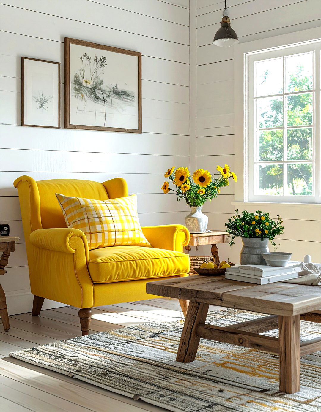 Yellow farmhouse living room - 30 yellow and white living room ideas