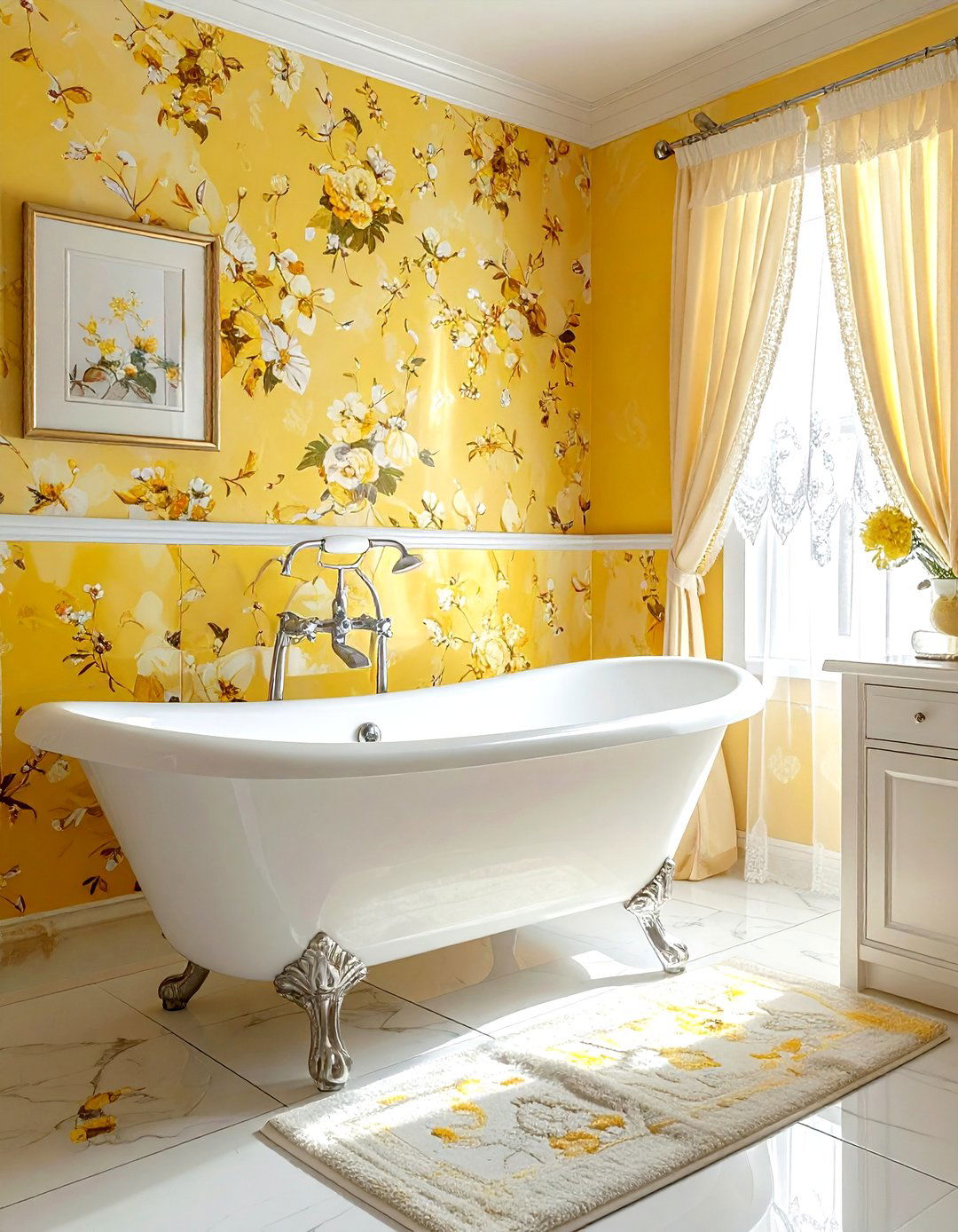 Yellow floral bathroom - 30 yellow and white bathroom ideas