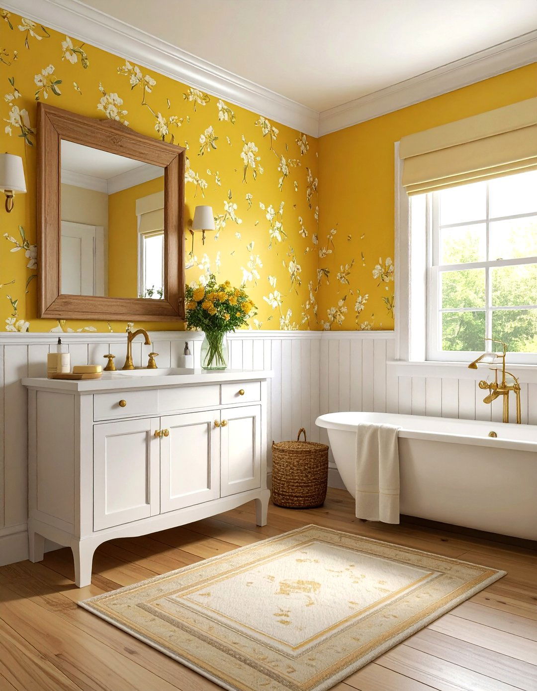 Yellow floral wallpaper bathroom - 30 bright yellow bathroom ideas